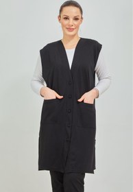 Resim Elçelya Moda Kadın Siyah Uzun Cepli Düğmeli Penye Anne Büyük Beden Tunik Yelek 