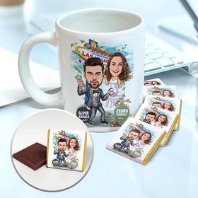 Resim Las Vegas Çiftleri Karikatürlü Kupa ve Çikolata 