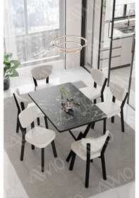 Resim Avvio Dora Elma Sandalye 80x140 Yemek Masası Mutfak Masası 6 Kişilik Masa Sandalye Takım Siyah Mermer 