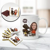 Resim Piyanist Kadın Karikatürlü Kupa ve Çikolata 