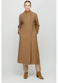 Resim Esswaap Devrik Yaka İnci Broş Detaylı Ara Boy Manto Taba-taba Taba 