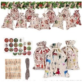 Resim 24 Noel Takvimi Çantası, Çuval Bezi, Asılı Advent Takvimi, Çelenk, Şeker Çantası, Kendin Yap Geri Sayım 