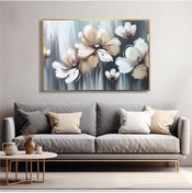 Resim Yağlı Boya Dokulu Tablo Soyut Krem Beyaz Çiçekler Altın Çerçeveli U02027-178881 