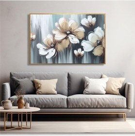 Resim Yağlı Boya Dokulu Tablo Soyut Krem Beyaz Çiçekler Altın Çerçeveli U02027-178881 
