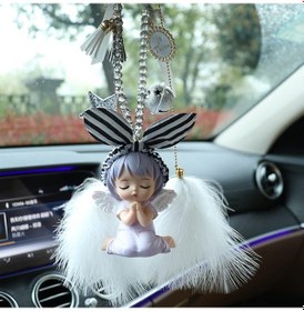 Resim Suofeng Oto İç Dekorasyon Aksesuarı - Mor Anne Siyah Beyaz Çizgili Gri Araba Asısı + Beyaz Tüy, Ayna Arka Dekor, Erkek Kadın Genel Kullanım 