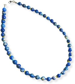 Resim Lapis Lazuli Doğal Taş Kadın Kolye, 52 cm, Lacivert, Kum Boncuklu, El Yapımı Gerdanlık, Yuvarlak 