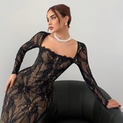 Resim Şık Kadın Uzun Kollu Dantel Kare Yaka Bodycon Elbise - Yarı Şeffaf Siyah Resmi Parti Giysisi, Makinede Yıkanabilir Her Mevsim Gece Elbisesi, Özel Günler İçin Yüksek Kaliteli Kumaş, Zarif Detaylar, Modaya Uygun Bayanlar 