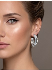Resim İkili Yarım Halka Model Zirkon Taşlı Antialerjik Vip Halka Silver Renk Küpe Antialerjik Silver 
