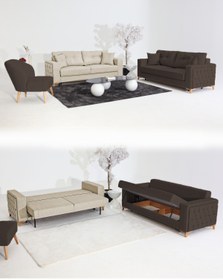 Resim Velura Home & Living Nola Koltuk Takımı 3+3+1+1 & Bazalı Yataklı Koltuk & Kanepe - Keten 