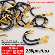 Resim 250 adet Tungsten Çelik Siyah Altın Balık saç tokası Boyutları 4# 6# 8# 10# 12# Barb'ler ile, Crucian Carp, Bass ve Carp için Balıkçılık için Uygun. 