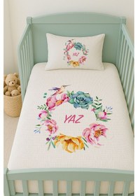 Resim %100 Pamuk İsme Özel İsimli 100x150 Cm Pike Seti Kuşlu Çiçek Çemberi 