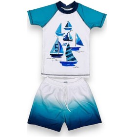 Resim Lolliboomkids Erkek Çocuk Yelken Denizci Baskılı Mavi - Sarı Beyaz T-shirt Şort Mayo Seti Üst Dalgıç Alt Paraşüt Mavi Desenli 