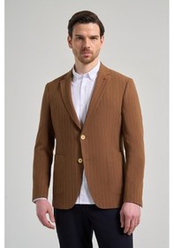 Resim İmza Çizgili Desen Gofreli Mono Yaka Esnek 6 Drop Slim Fit Ceket 1002250122 Taba 