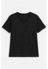 Resim Markapia Kadın V Yaka Kısa Kollu Düz T-shirt Siyah 