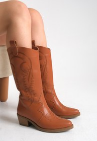 Resim Ayakkabı Delisiyim Taba Rengi Deri Kadın Çizme Nakışlı Western Kovboy Kaymaz Taban Kalın Topuklu Helen 