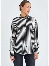 Resim Mixray 4611 Kadın Apolet Detaylı Çizgili Gömlek Siyah 