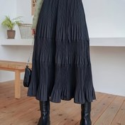 Resim Şık Siyah Pilili Midi Etek - Zayıflatıcı A Kesim Silüet, Kadınlar için Rahat Şık Şemsiye Etek, Polyester, İlkbahar/Yaz Giyimi 