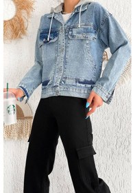 Resim Kadın Çıkarılabilir Kapüşonlu Cepli Denim Ceket Astarsız & Çok Amaçlı Kullanım Mavi 