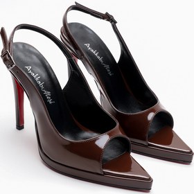 Resim Ayakkabı Ateşi Kadın Arka Açık Sivri Burun İnce Topuklu Platform Ayakkabı Hari Kahverengi Rugan 