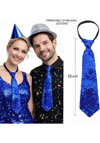Resim Mavi Renk Pul Payetli Işıltılı Parti Kravatı Csmtex - 91 33 Cm 