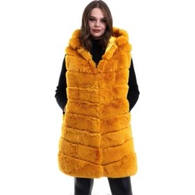 Resim Equri Kapşonlu Peluş Kürk Yelek Premium Kalite, Tam Astarlı, Uzun Model - Sarı 