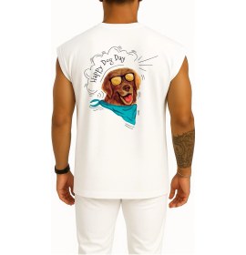 Resim Bahriyeli Collection Oversize Funny Dog Wearing Sunglasses And Scarf Cep Ve Sırt Tasarımlı Atlet Beyaz 