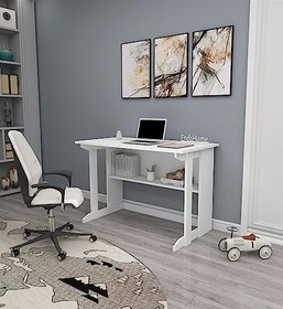 Resim Pillar Raflı Ders Çalışma Masası Bilgisayar Masası Beyaz Çalışma Masası 