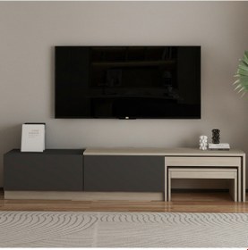 Resim Nest Tv Sehpası Modern Tasarım,2 Kapaklı Depolama Ve İkili Zigon Sehpa İle Fonksiyonel Mobilya Traverten 
