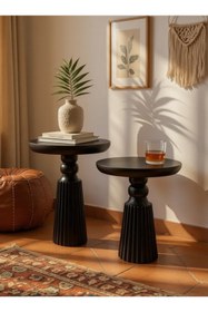 Resim ASELYA HOME Doğal Ahşap 2’li Set Siyah Renk Mantar Yan Sehpa Modern Fiskos Zigon Çiçeklik 