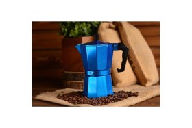 Resim Feyza Design Mavi Alüminyum Moka Pot 6 Fincan, Şık ve Pratik Kahve Demleme Aracı 