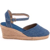 Resim Star Tombis Gerçek Elişi Topuğu Açık Bilekten Bantlı Dolgu Topuk Keten Hasır Espadril Handmade Mavi 