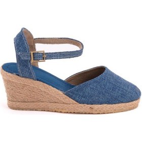 Resim Star Tombis Gerçek Elişi Topuğu Açık Bilekten Bantlı Dolgu Topuk Keten Hasır Espadril Handmade Mavi 