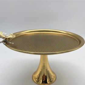Resim Ayaklı Gold Yuvarlak Metal Çay Ve Kahve Servis Sunum Tepsisi 