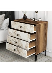 Resim Lizbon 4 Çekmece Şifonyer - Ceviz - Beyaz Mermer 