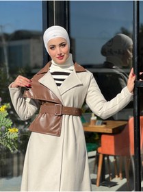 Resim Esre Store 44114 - Deri Detaylı Tesettür Kaban Kahverengi-A3 