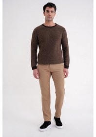 Resim Slim Fit Renkli Ribanalı Kahverengi Vizon Yünlü Bisiklet Yaka Triko Kazak Tr 890 Kahverengi-vizon 