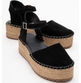 Resim Luvishoes Viba Siyah Süet Hakiki Deri Kadın Hasır Dolgu Taban Sandalet Siyah 