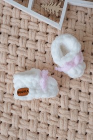 Resim Bugula Bebek Yenidoğan Panduf 0-3M Pembe Fiyonklu Beyaz Kız Doğal Örgü Ayakkabısı Alize Puffy 