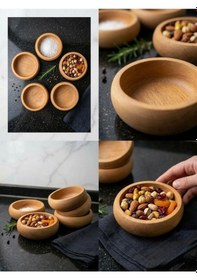 Resim Hbs Art Design 4'lü Kayın Ağacı Ahşap Çerezlik Seti - 12 Cm Yuvarlak Sunum Kasesi Açık Kahverengi 