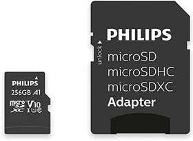 Resim Philips Ultra Speed microSDXC Card 256 GB + SD adaptörü UHS-I U1, 80 MB/s'ye kadar okuma hızı, A1 hızlı uygulama performansı, V10, akıllı telefonlar, tablet, bilgisayar, kart okuyucu, Full HD video 