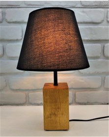 Resim Teak Rengi Ahşap Kütük Ayaklı Siyah Kumaş Şapkalı Abajur Kahverengi 