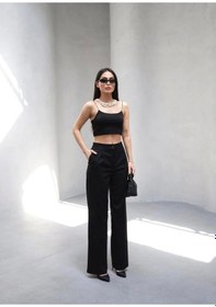 Resim Defymoda Arkasi Lasti Kli Pi Leli Dökümlü Wide Leg Pantolon Siyah 