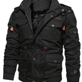 Resim Erkekler için Ağır Hizmet Kışlık Kapüşonlu Ceket - Çok Cepli İş Montu, Tam Fermuarlı, Siyah Dış Yüzey - Açık Hava, Şehir ve Soğuk Havalara Uygun, Günlük Kullanım, Sıcak Astarlı, Şehiriye Gezginler İçin 