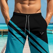 Resim Erkek Atletik Plaj Şortları, Bağcıklı - Hızlı Kuruyan, Makinede Yıkanabilir Polyester, Teal ve Beyaz Geometrik Tasarım, Havuz Kenarı veya Rahat Giyim İçin Konforlu 
