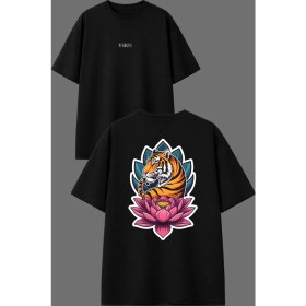 Resim Vsrn Çiçekli Kaplan Tasarım Ön Arka Baskılı Siyah Oversize T Shirt 