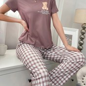 Resim Köpek Baskılı Yuvarlak Yaka Kısa Kollu Şık Pijama Takımı, Uzun Kollu Eşofman ve Şortlu Kadın Pijama Seti 
