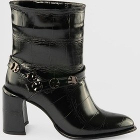 Resim Kadın Deri Bot Krokodil Desenli Platin Detaylı Topuklu Siyah Cordena Siyah 