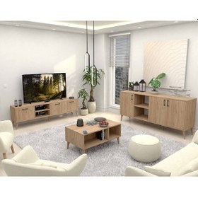 Resim Mezza Ahşap Ayaklı Tv Ünitesi - Orta Sehpa - Konsol Seti Sepet Rengi Set 1587-2076-1626 Exxen 