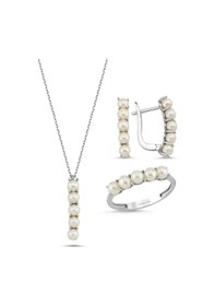 Resim Beş Doğal İncili Küpe Kolye Yüzük Üçlü Set - 20 / Sarı 