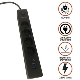 Resim BYDNZ SHOP Termak Akım Korumalı 4 Priz 3 USB Girişli Uzatma Kablosu Güç&Şarj 